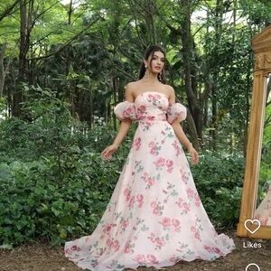 Off Shoulder Puff Sleeves Floral Printed Organza Dress